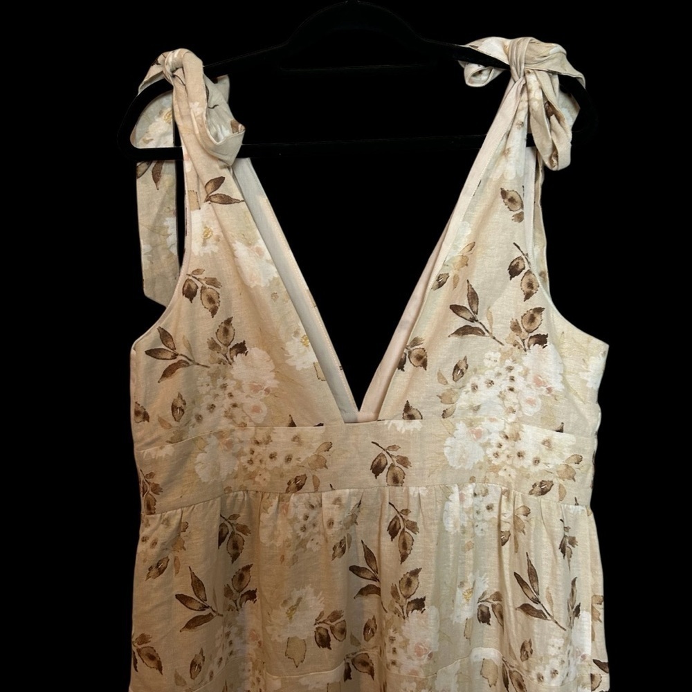 House of Harlow 1960 Cream and Brown Floral & Leaf Tiered Linen Blend Maxi Dress - Picture 9 of 16